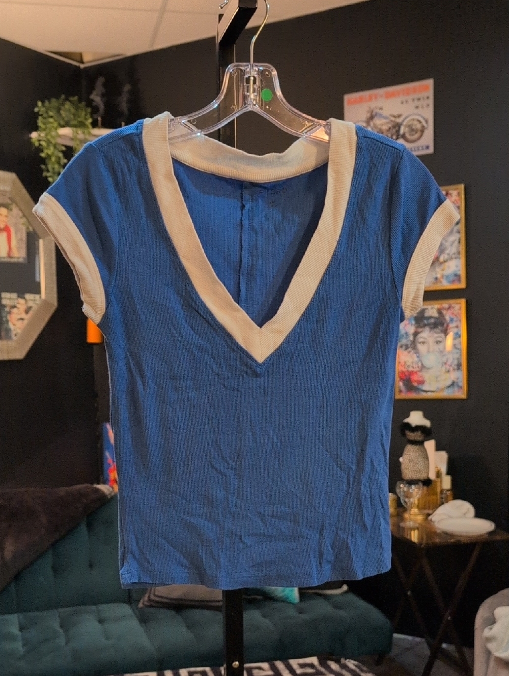 Pilcro Blue V-Neck Tee with Cream Trim
